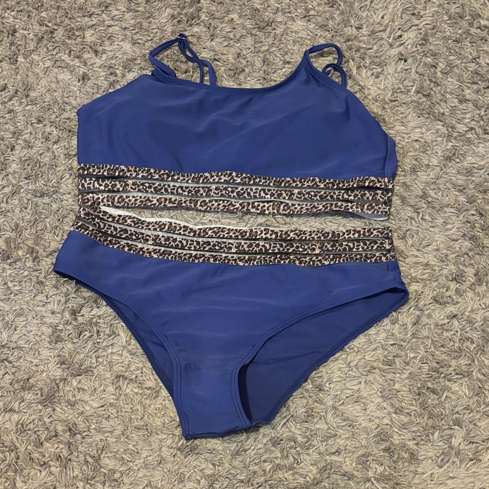 SHEIN Royal Blue One-Piece Swimsuit with Leopard Waistband